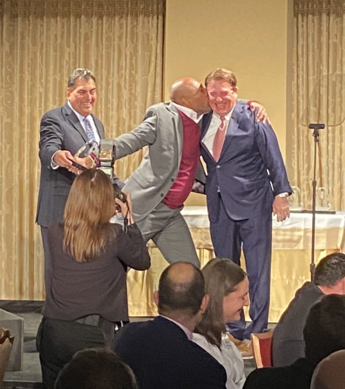 Allen Media Group and Entertainment Studios owner Byron Allen accepts the Broadcasters Foundation Leadership Award with gusto and flair, offering a most memorable speech.