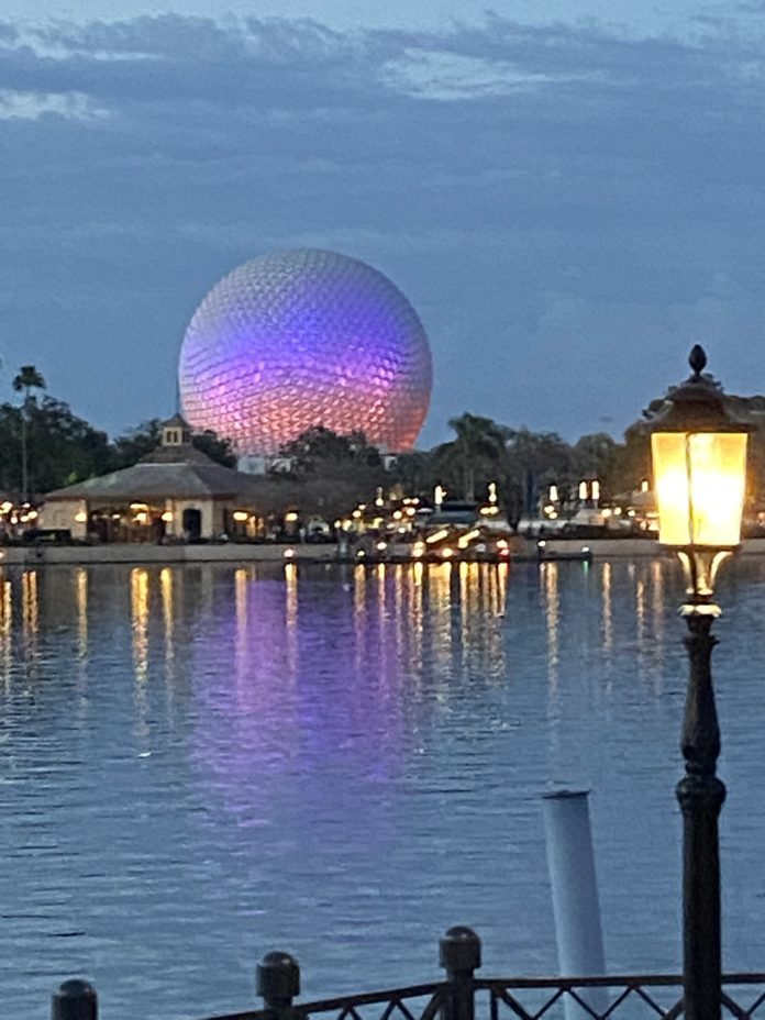 A view of EPCOT Center's Geodesic Dome, from February 2021