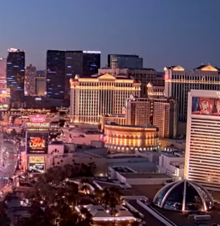 The Las Vegas Strip and the Bellagio Hotel & Casino just before sunrise on Jan. 7, 2022.
