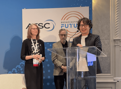From left: ATSC President Madeleine Noland, President Emeritus Mark Richer, and Dr. Youngkwon Lim of Samsung Electronics